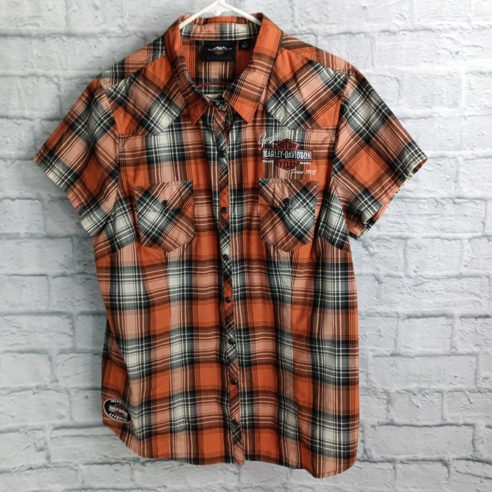 Harley-Davidson Womens 2XL Orange Plaid Short Sleeve Button Down Biker Shirt